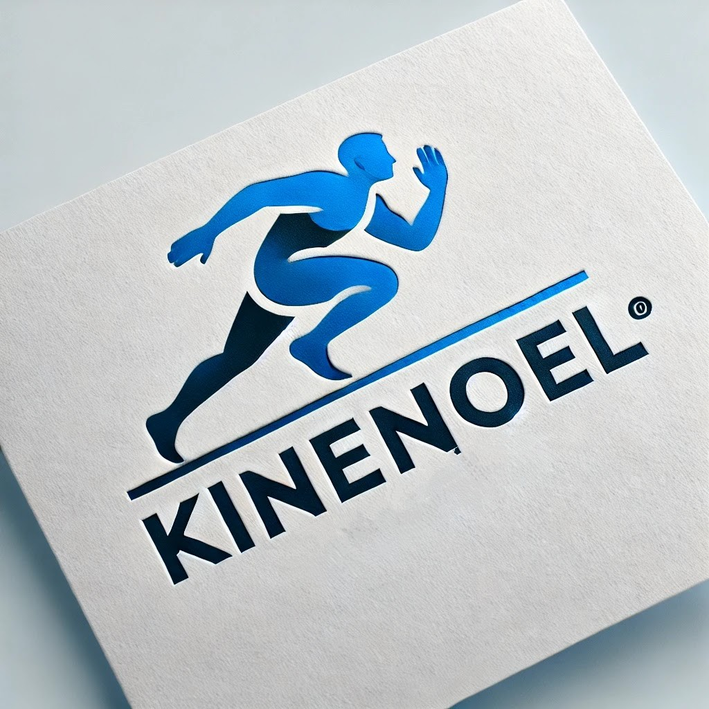 Logo original KINENOEL : silhouette de coureur bleue et bleu nuit sur papier